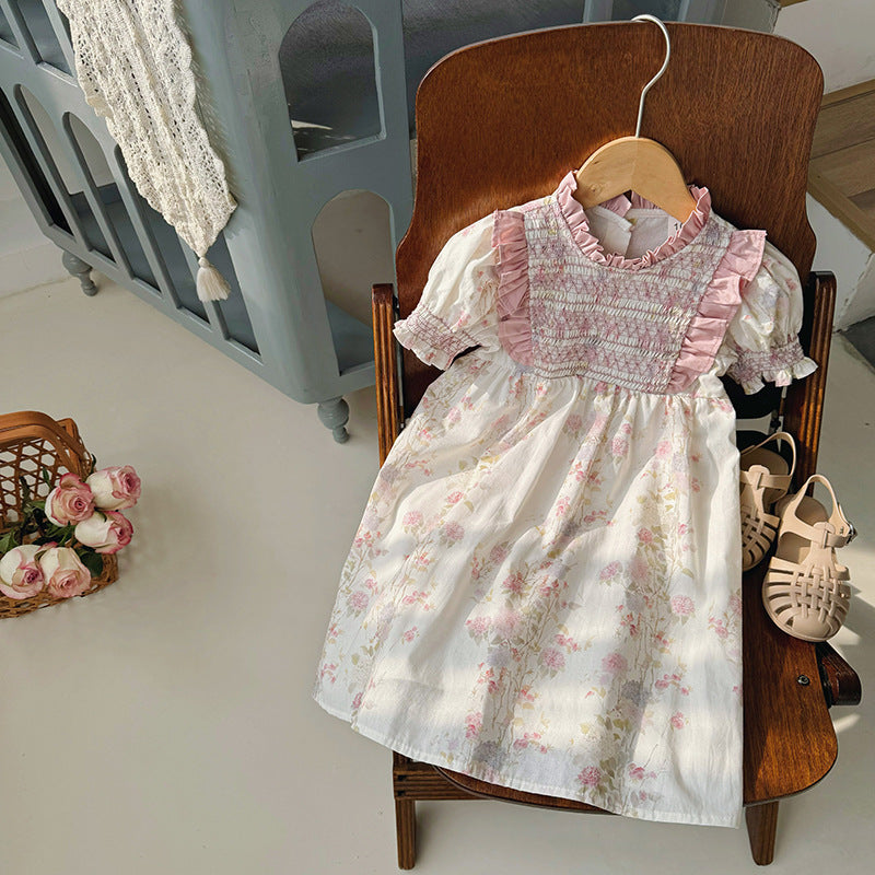 Summer Baby Kids Girls Short Sleeves Ruffle Neck Pink Floral Dress