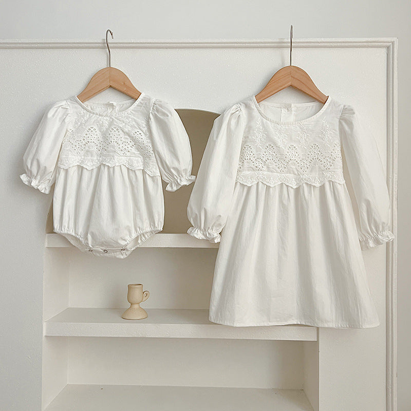 Spring/Autumn Baby Onesies And Dress For Girls With White Lace Trim – Princess Sister Matching Set