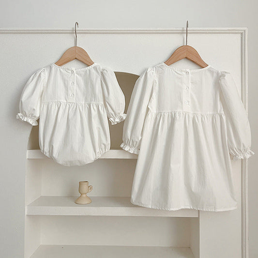 Spring/Autumn Baby Onesies And Dress For Girls With White Lace Trim – Princess Sister Matching Set