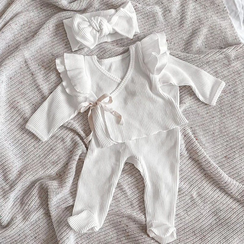 Baby Girl Solid Color Pure Cotton Long Sleeve Tops With Pants Sets