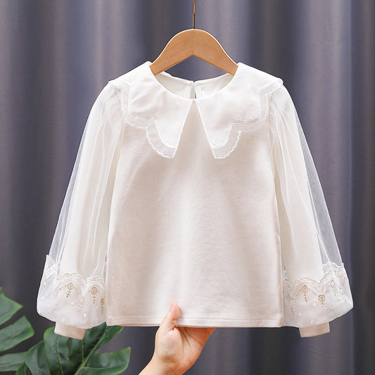 Baby Girl Solid Color Sweat Style Mesh Doll Neck Puff Sleeves Blouser
