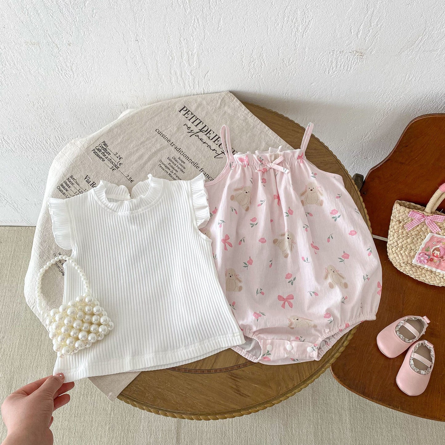 New Arrival Summer Baby Kids Girls Flowers Pattern Sleeveless Strap Onesies And White Fly Sleeves Elastic T-Shirt Set