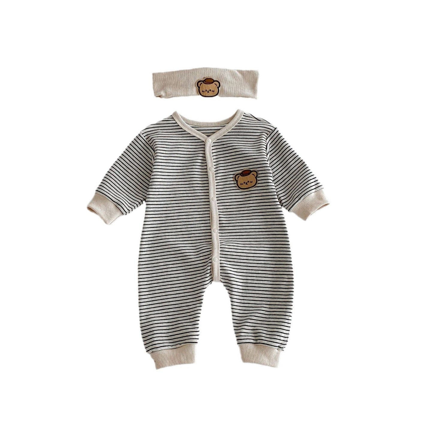 Autumn Arrival Baby Unisex Long Sleeves Striped Pattern Single Breasted Rompers