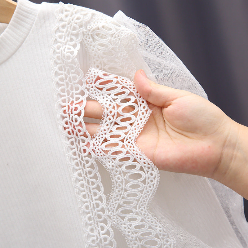 Baby Girl Solid Color Sweat Style Mesh Doll Neck Puff Sleeves Blouser