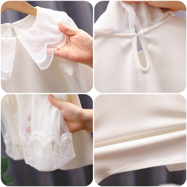 Baby Girl Solid Color Sweat Style Mesh Doll Neck Puff Sleeves Blouser