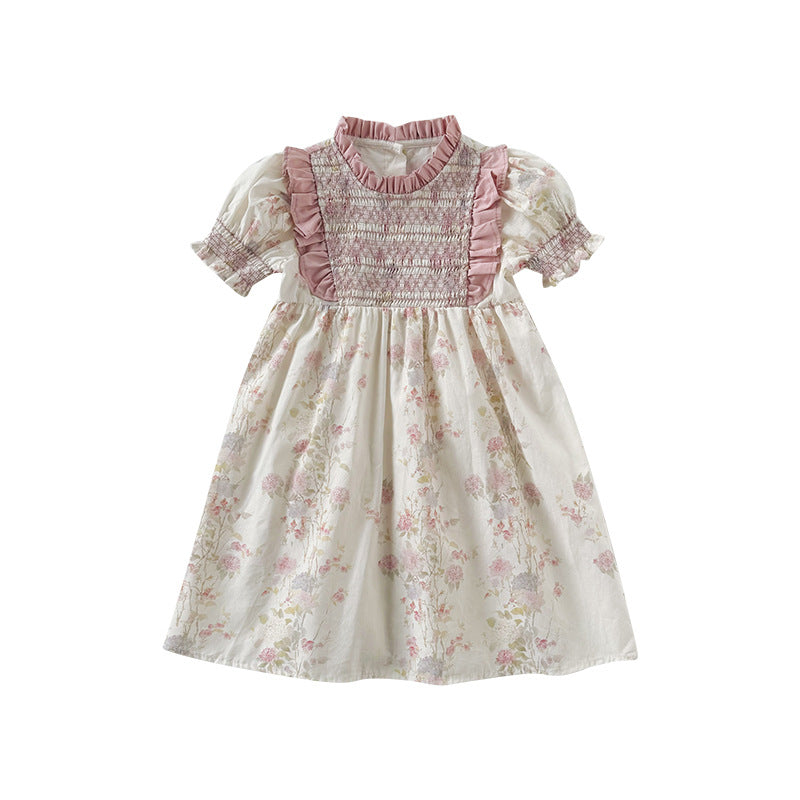 Summer Baby Kids Girls Short Sleeves Ruffle Neck Pink Floral Dress