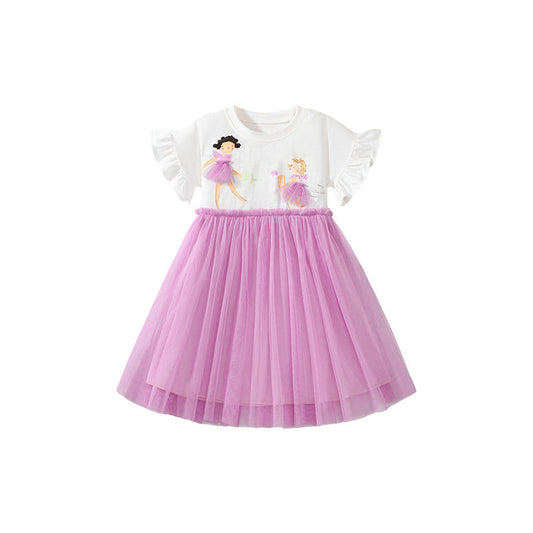 Summer Pure Cotton Cartoon Dancers Pattern Short Sleeves Tulle Patchwork Dress for Stylish Girls