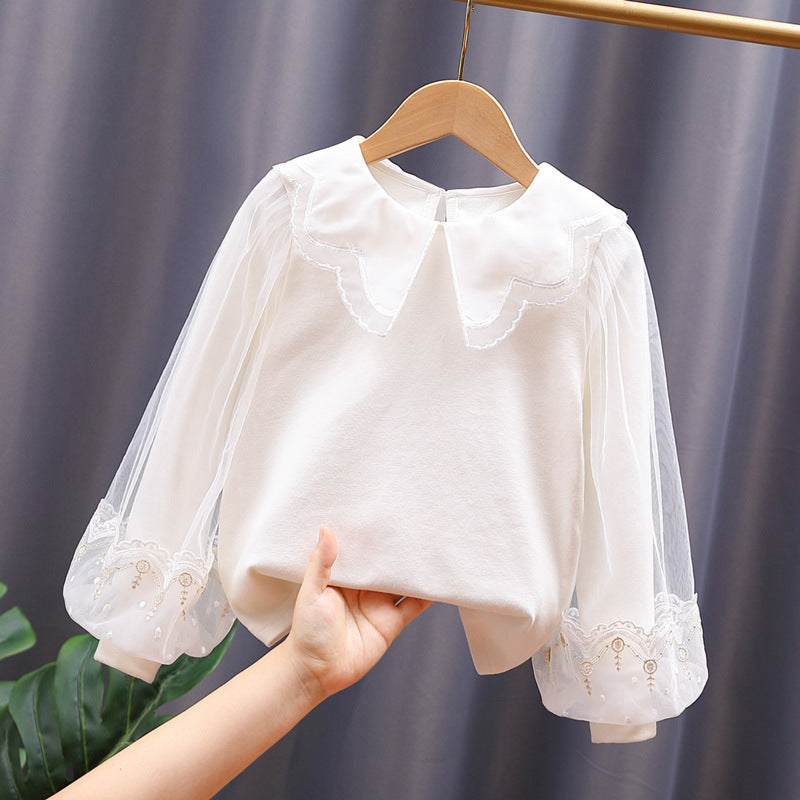 Baby Girl Solid Color Sweat Style Mesh Doll Neck Puff Sleeves Blouser