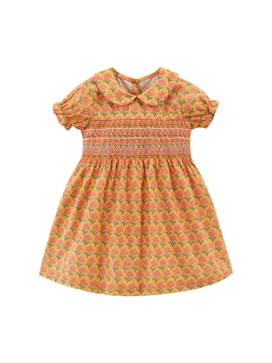 Baby Girls Peter Pan Collar Short Sleeves Floral Vintage Dress