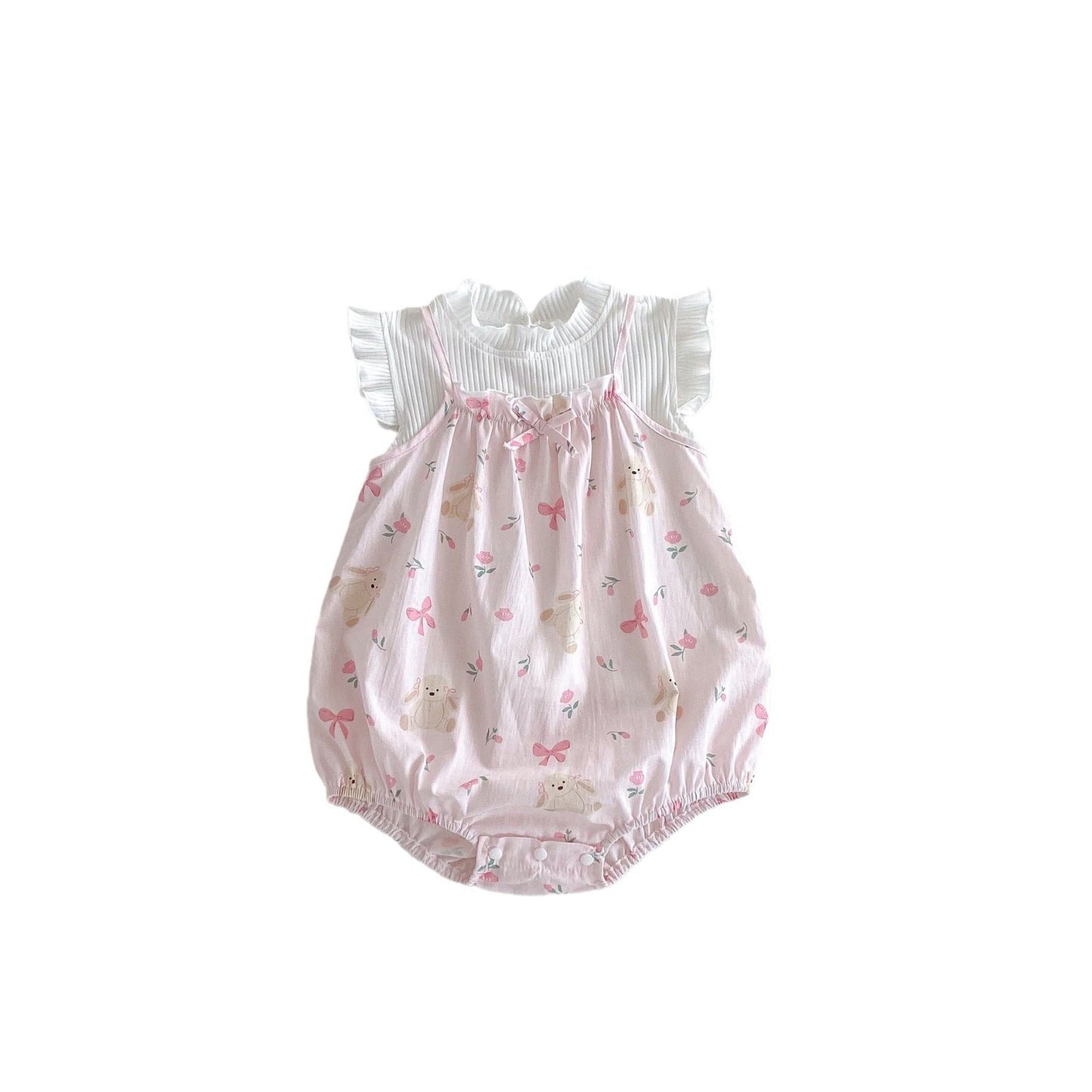 New Arrival Summer Baby Kids Girls Flowers Pattern Sleeveless Strap Onesies And White Fly Sleeves Elastic T-Shirt Set