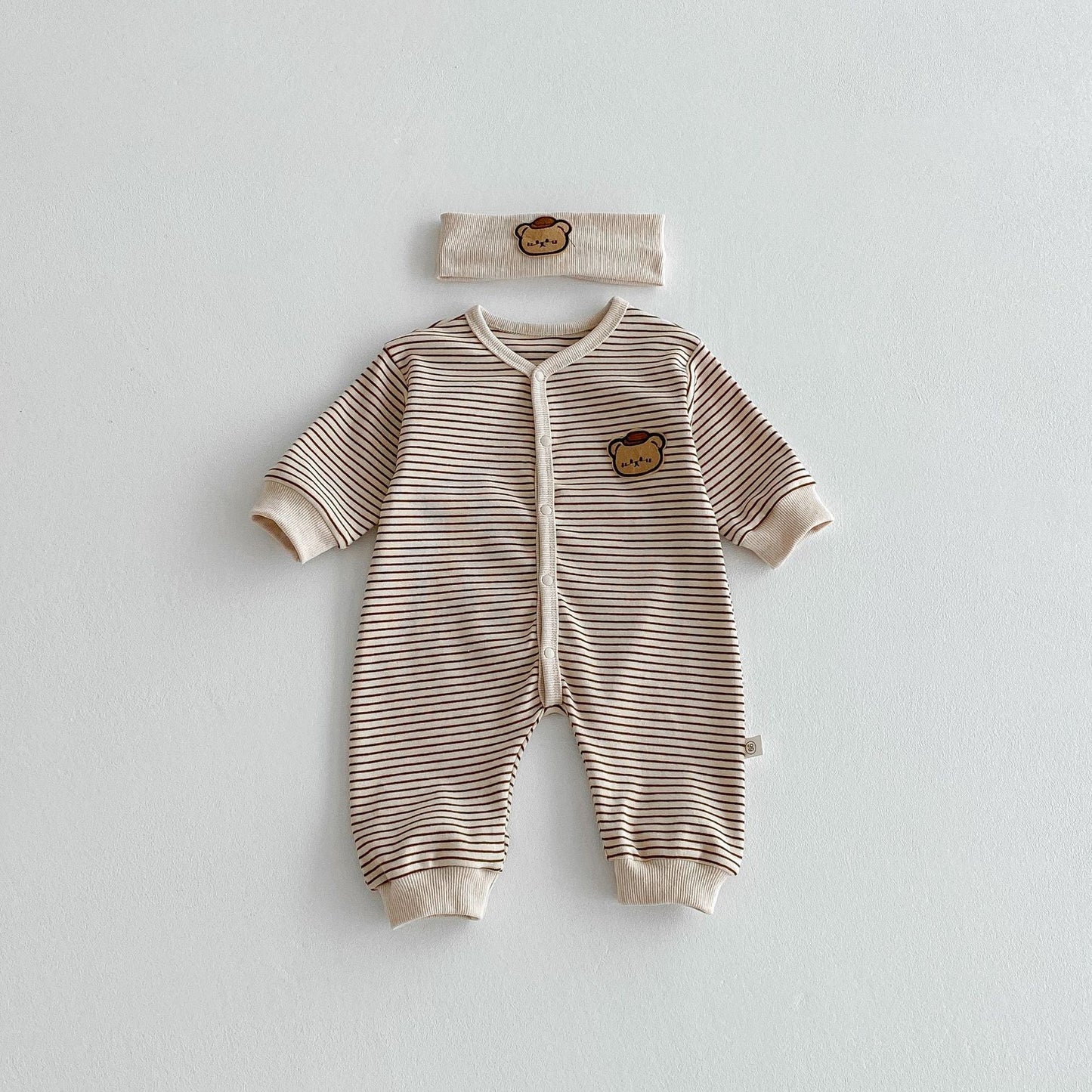 Autumn Arrival Baby Unisex Long Sleeves Striped Pattern Single Breasted Rompers