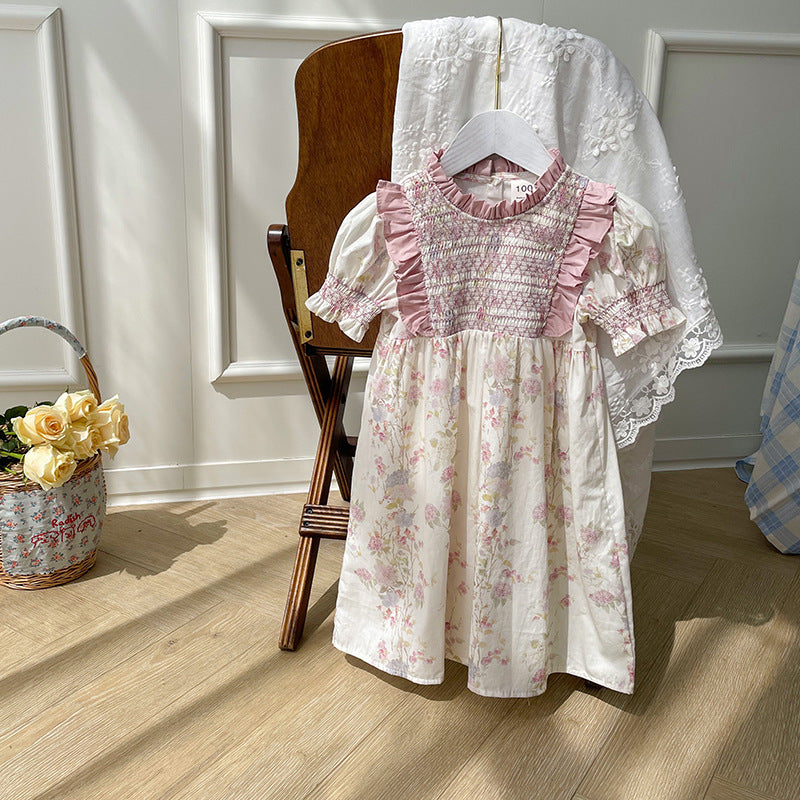 Summer Baby Kids Girls Short Sleeves Ruffle Neck Pink Floral Dress